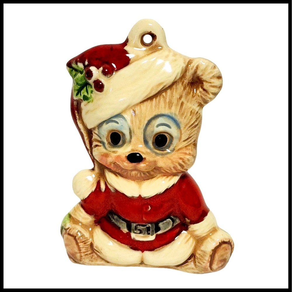 Adorable Ceramic‎ Bear Christmas Ornament Santa Hat Holly Berry Red Suit